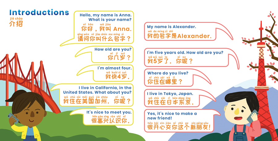Chinese for children. Teach your kids basic Chinese phrases - like how to introduce yourself - with our Book of First Phrases.